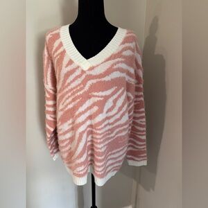 Sadie Sage Pink White Zebra Print Fuzzy V Neck Sweater Womens Medium Cozy